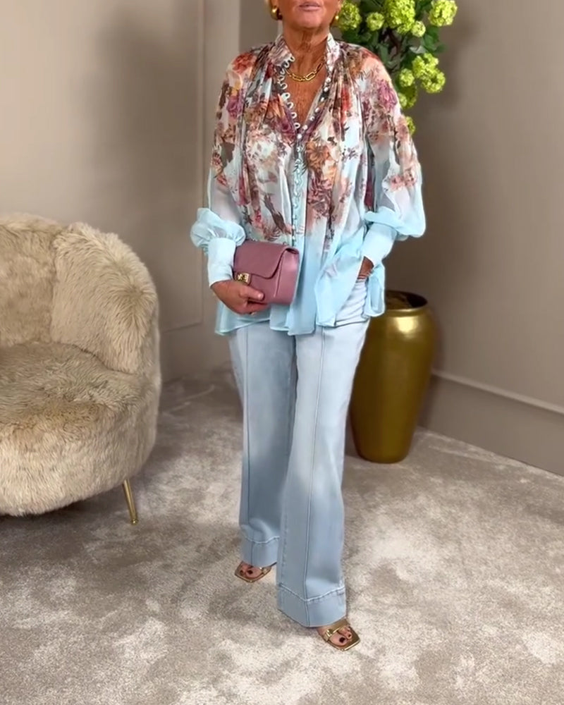 Lantern Sleeve Stand Collar Print Shirt