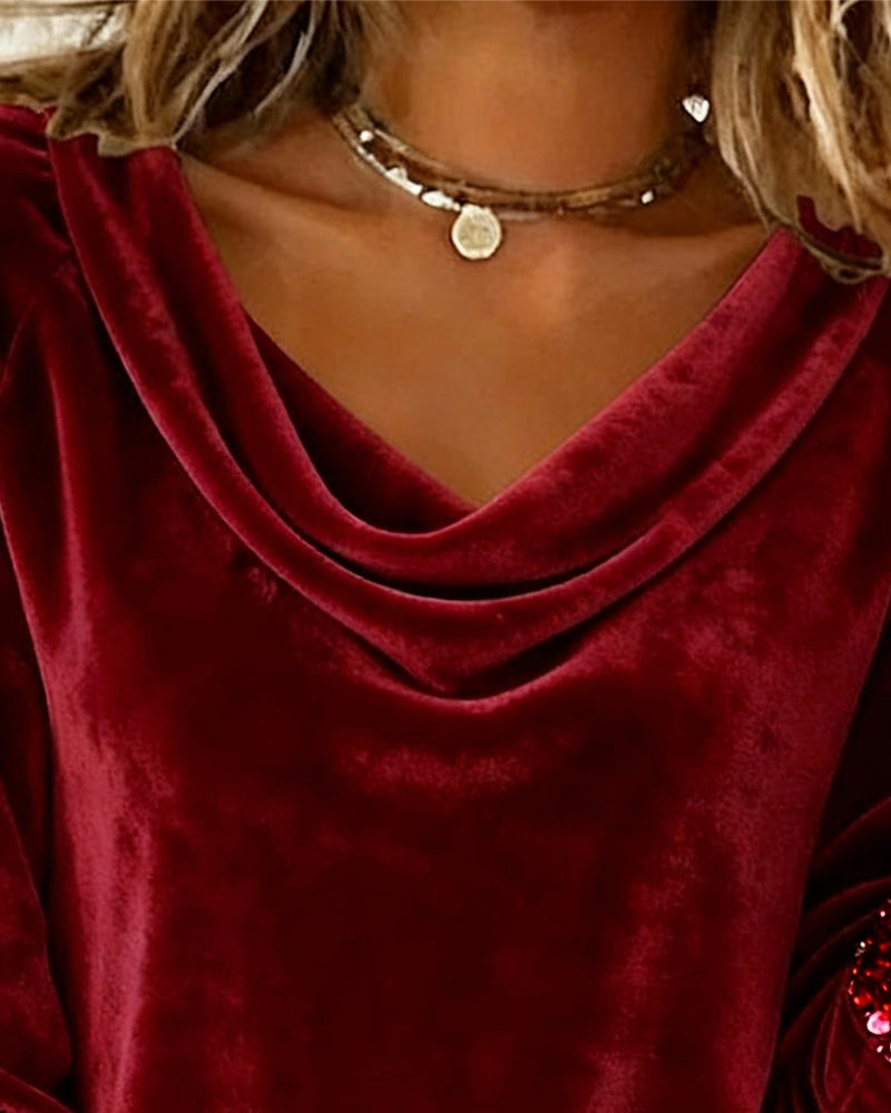 Draped Collar Velvet Sequin Top