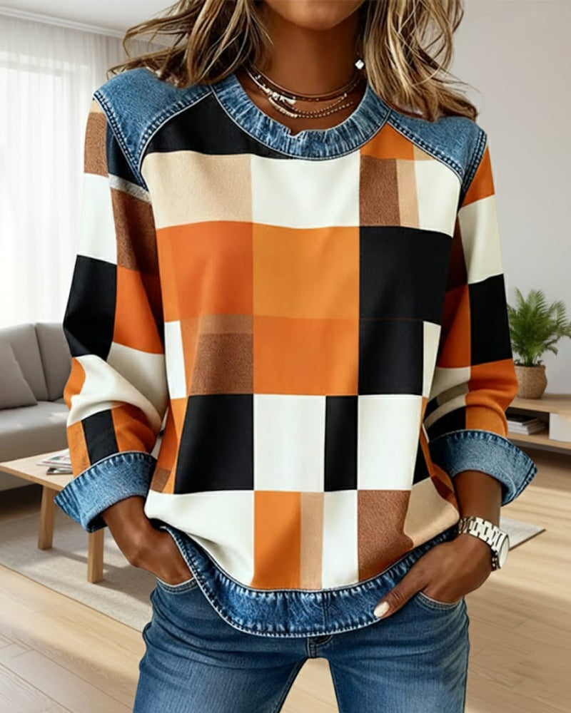 Plaid Patchwork Contrast Color Sweatshirt