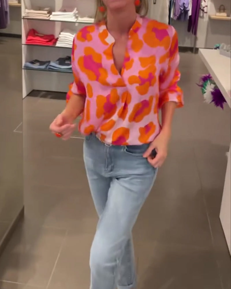 Printed V-neck lantern sleeve casual top