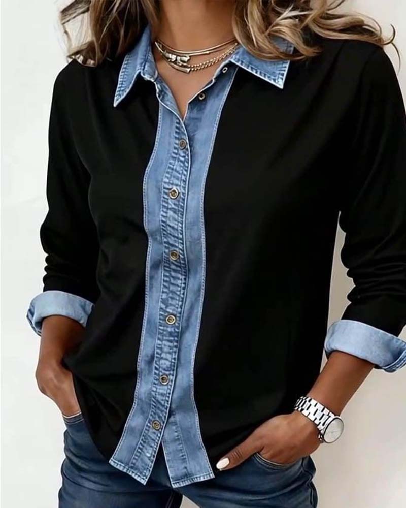 Denim Patchwork Collared Shirt