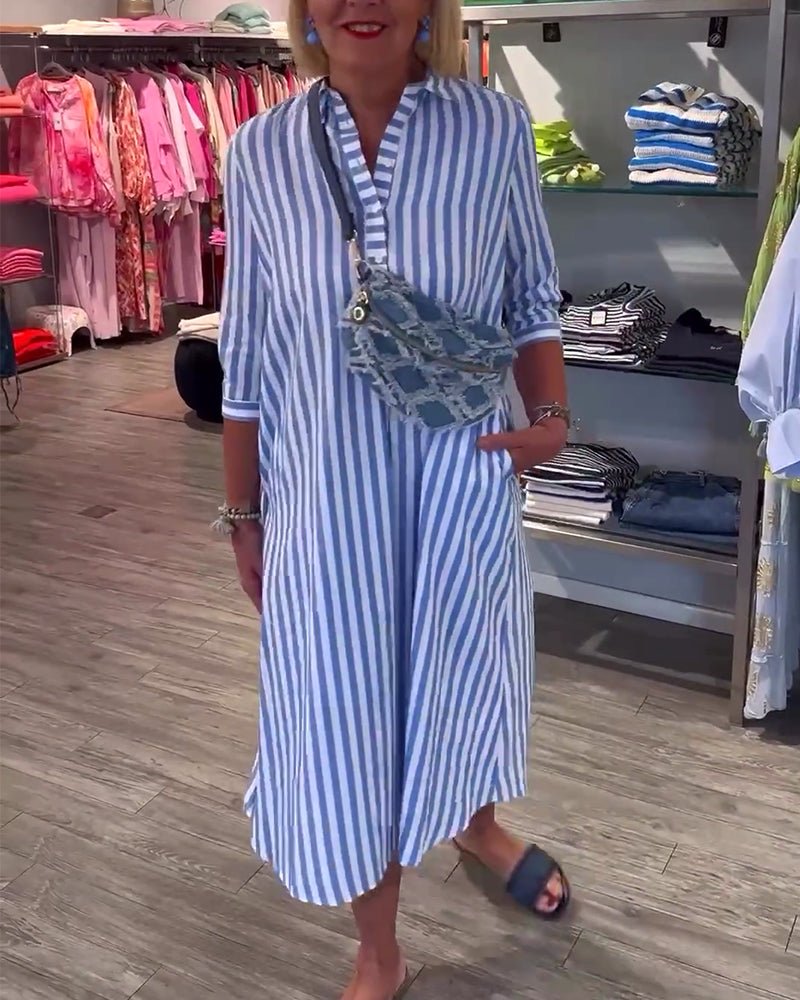 Stripe print lapel button dress