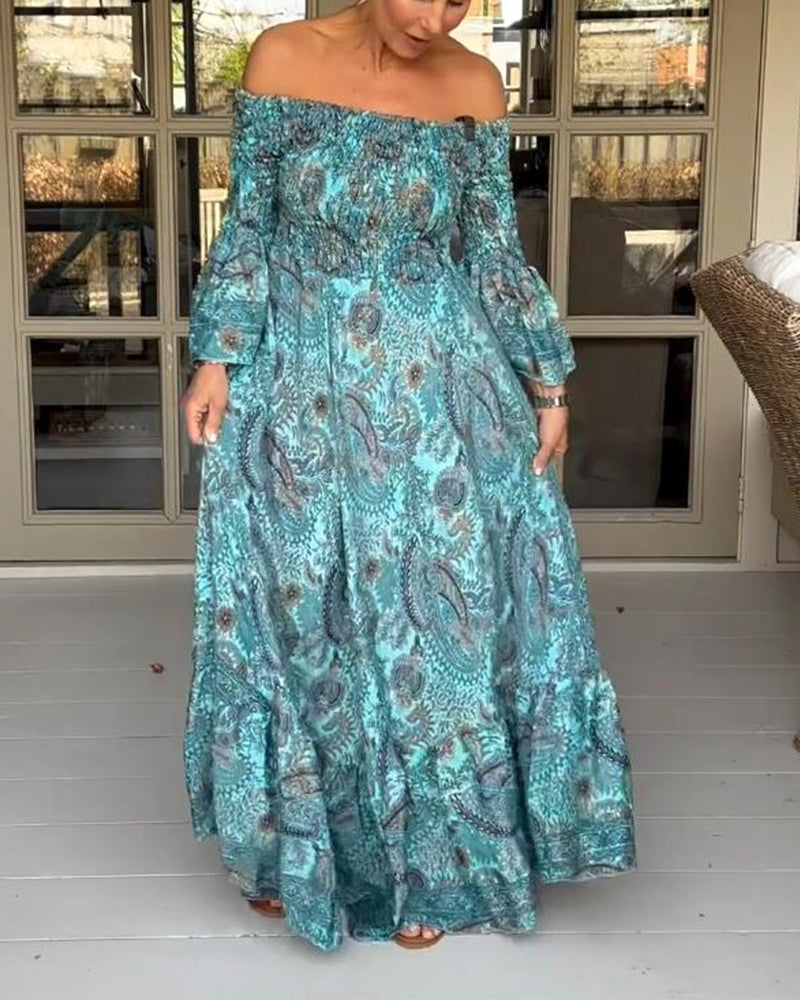 Elegant printed one-shoulder flare sleeve long dress