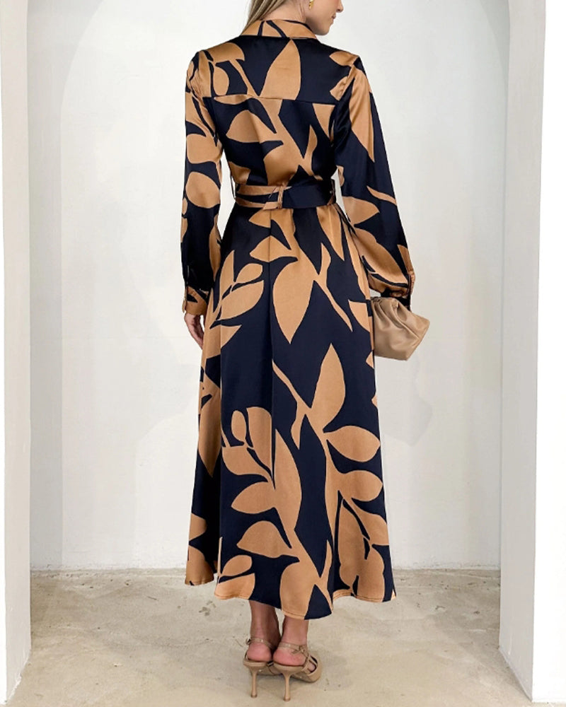 Elegant leaf print long sleeve lapel dress