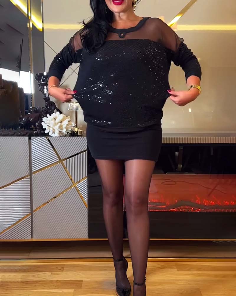 Fashionable Round Neck Sequined Stitching Temperament Top