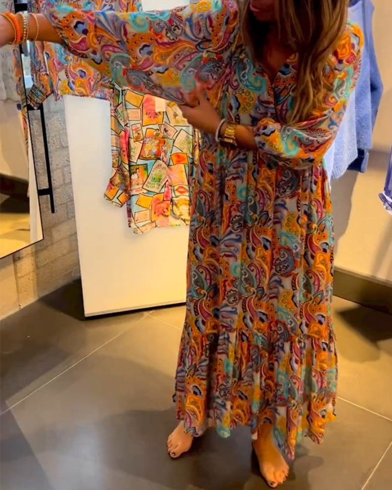 Print  V neck A-Line Maxi Dress