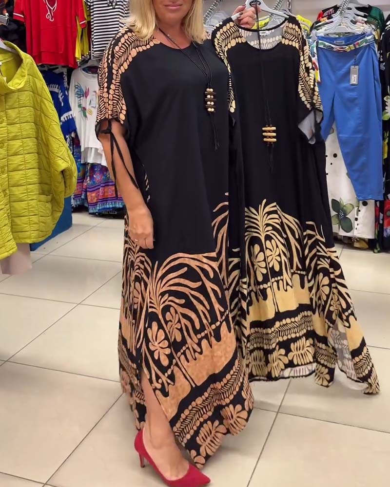 Printed round neck short sleeve lace-up loose dress