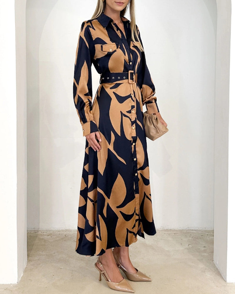 Elegant leaf print long sleeve lapel dress