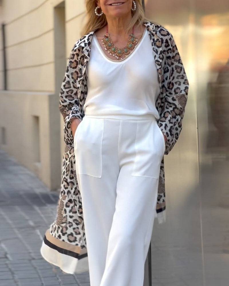 Leopard print lapel casual long coat