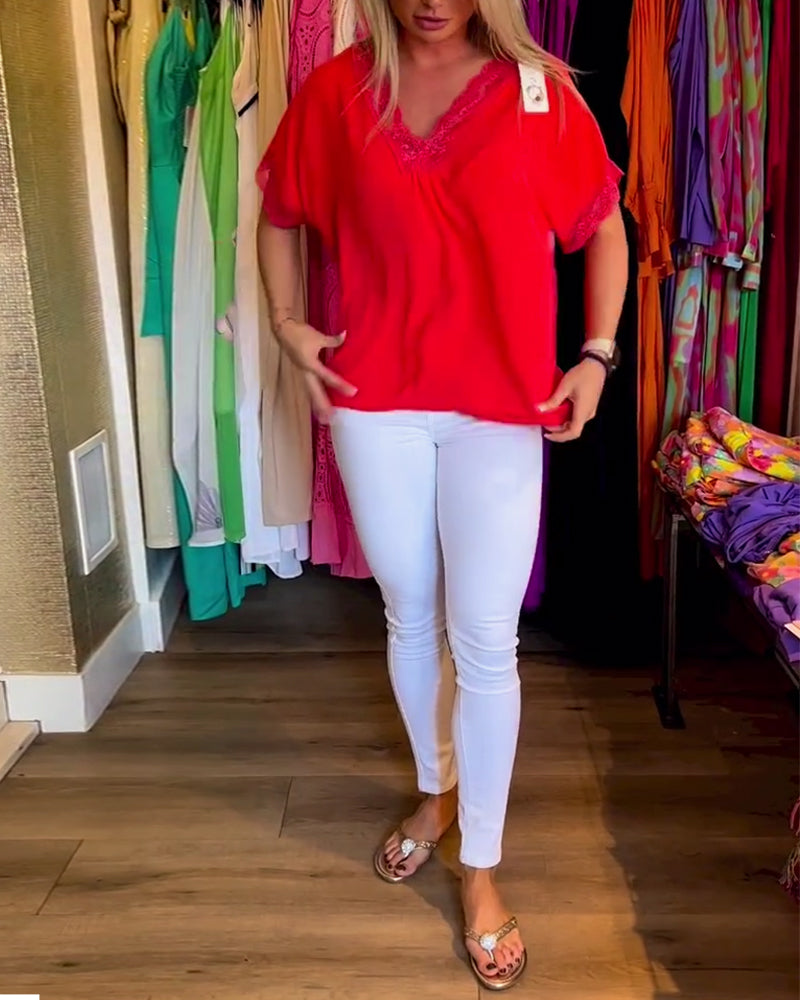 Spliced lace v-neck solid color top