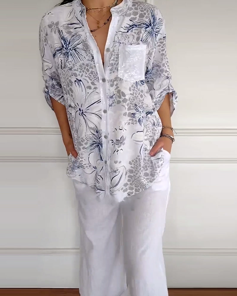 Stand Collar Printed Pocket Shirt