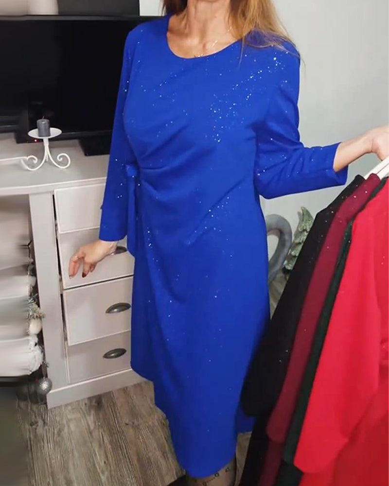 Round Neck Long Sleeves Knotted Waist Dress