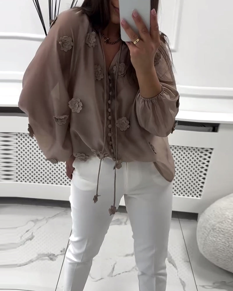 Solid Color 3D Floral Lace-Up Blouse