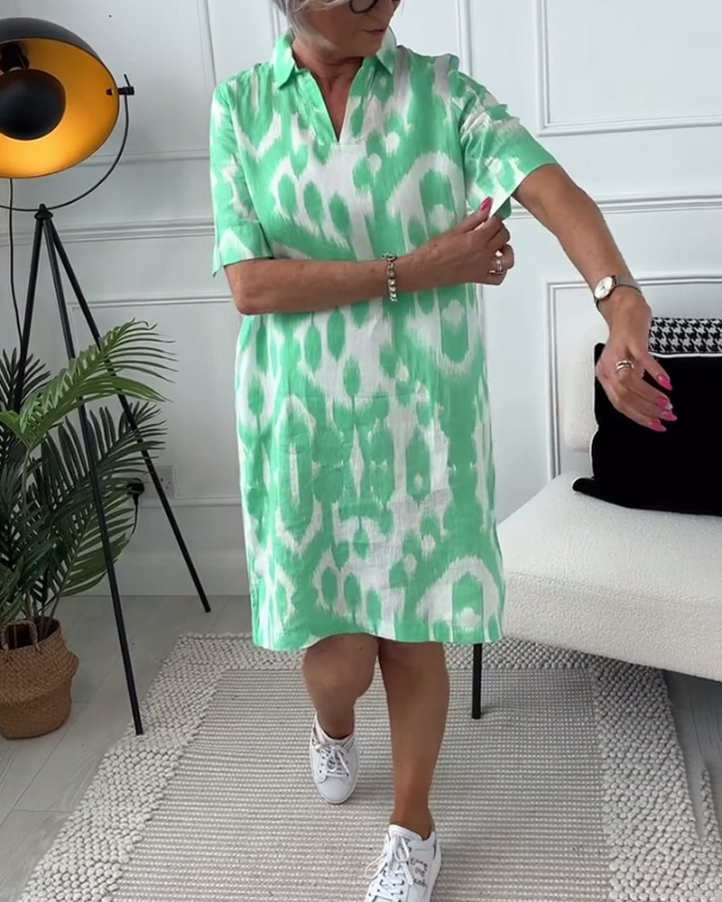 Lapel short sleeve printed dress
