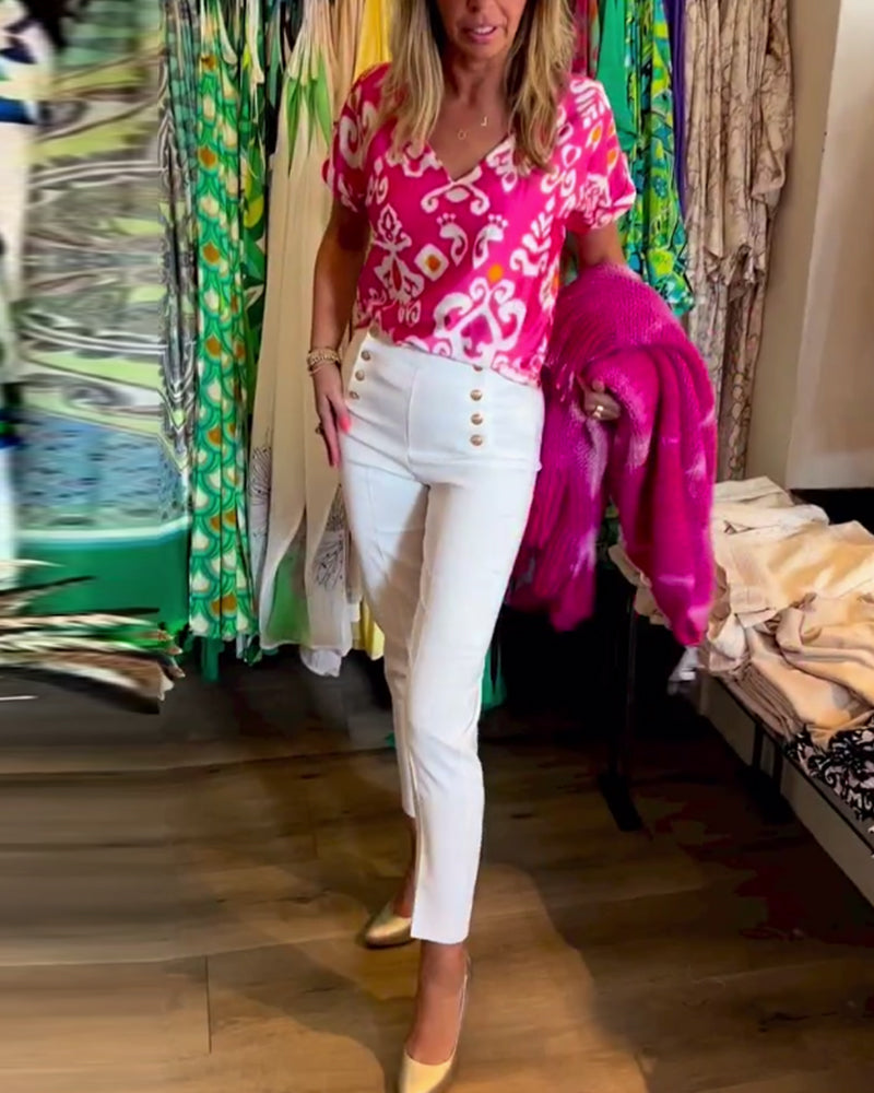 Printed V-neck short-sleeved top