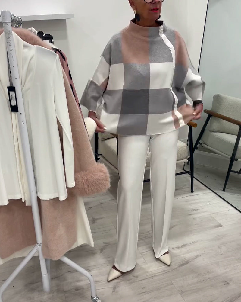 Plaid Long-Sleeved Turtleneck Jumper