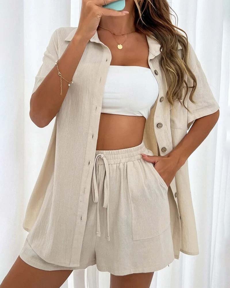 Casual solid color shirt and shorts set