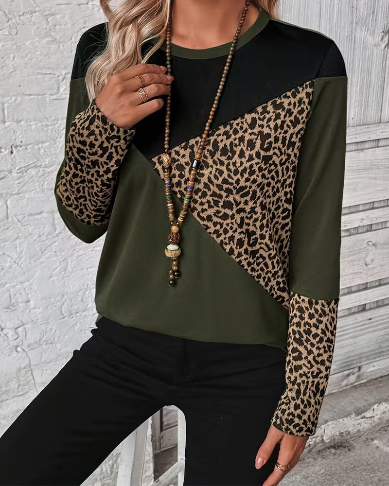 Round Neck Leopard Print Color-Blocked Top