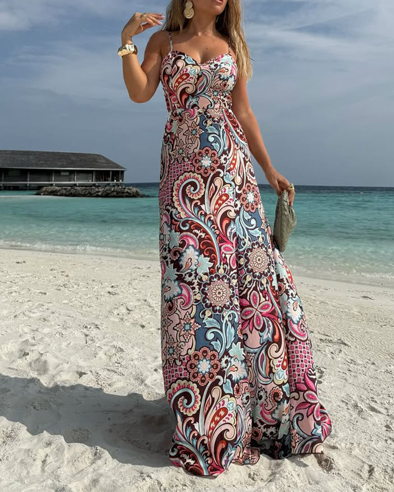 Beach Vacation Printed Sling Dress