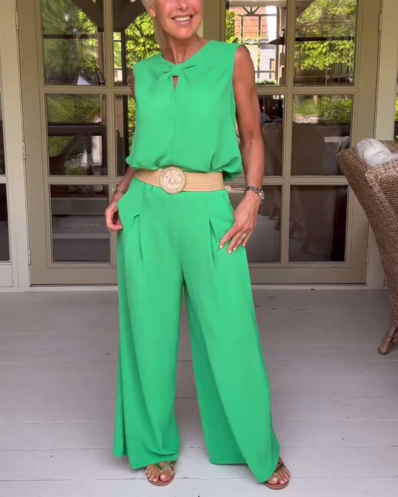 Solid color sleeveless hollow tank top wide leg pants set