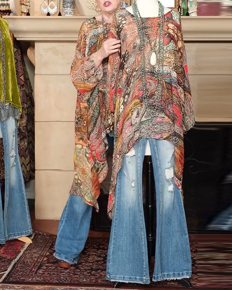 Loose Batwing Sleeve Print Blouse