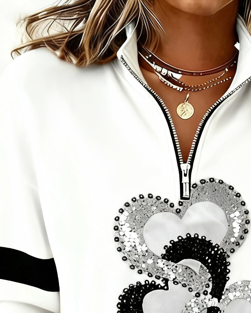 Half Zip Collar Heart Pattern Sweatshirt