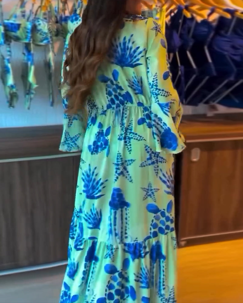 Holiday Printed Flared Sleeves Swimsuit