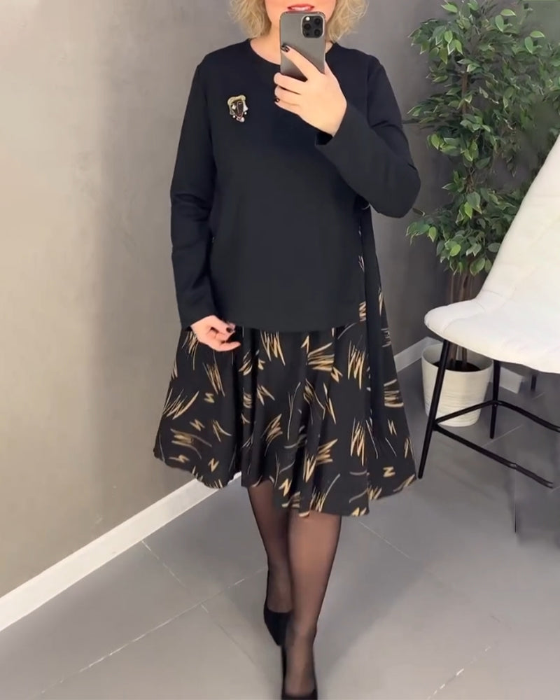 Casual Loose Print Dress with Round Neck