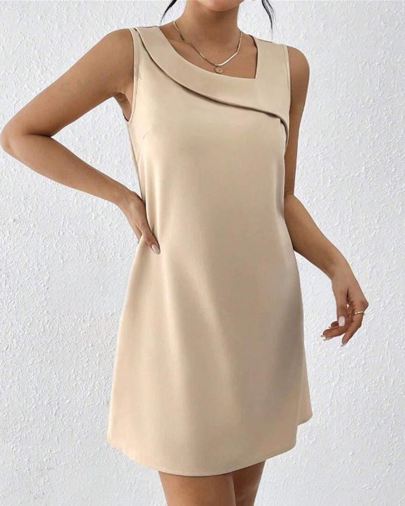 Slant neck sleeveless fashionable solid color dress