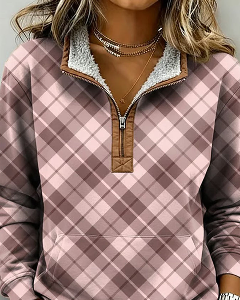 Half-Zip Collar Plaid Pocket Sweatshirt