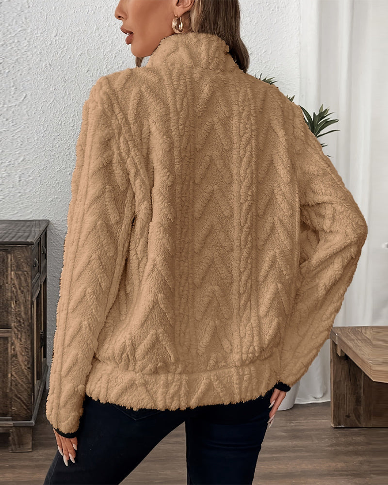 Lapel Zipper Front Fuzzy Sweatshirt