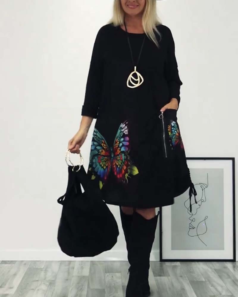 Butterfly print pocket long sleeve dress