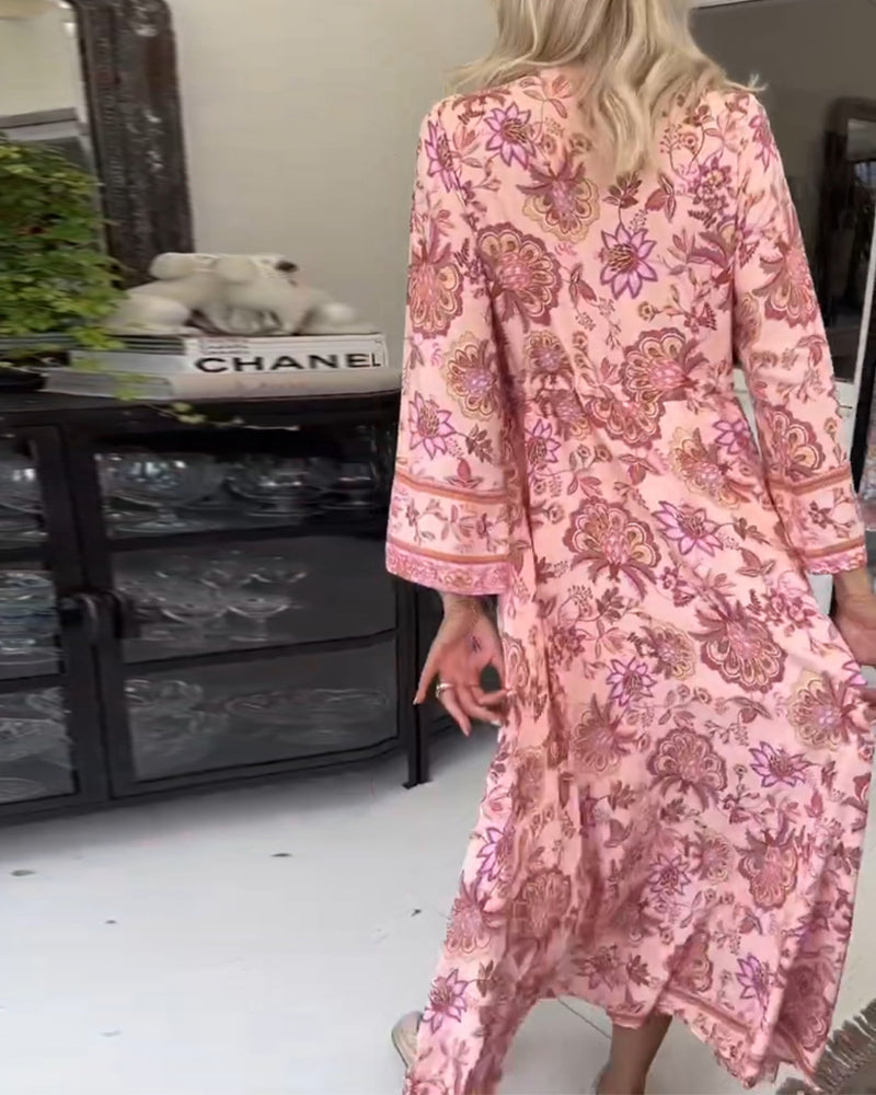 Elegant printed V-neck button drawstring dress