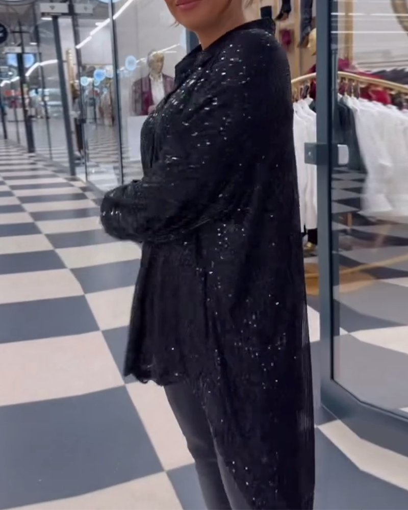 Sequined lapel slit casual shirt