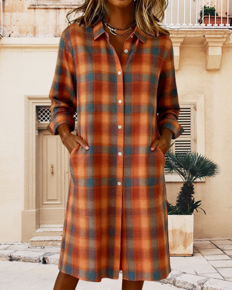 Lapel Plaid Button-Down Shirt Dress