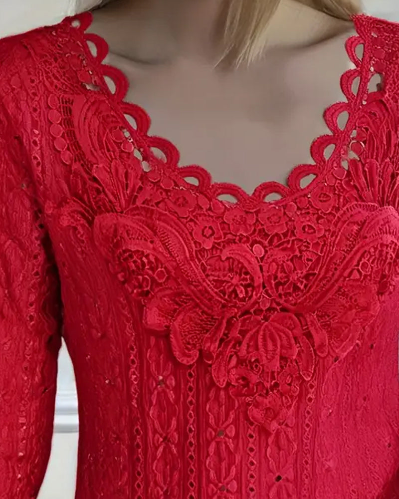 Lace Trim Hollow Long Sleeve Top