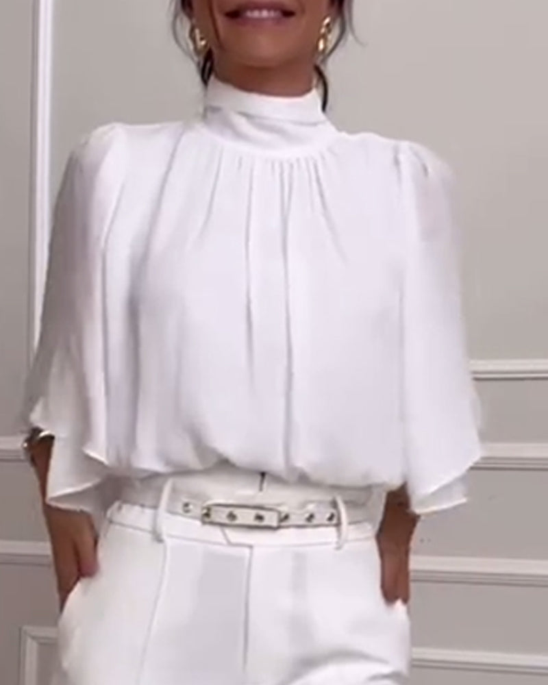 Solid color high collar  butterfly sleeve blouse