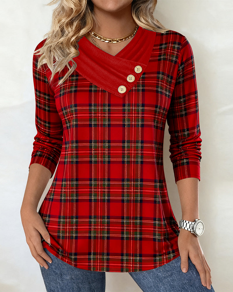 Scarf-Collar Plaid Long-Sleeved Top