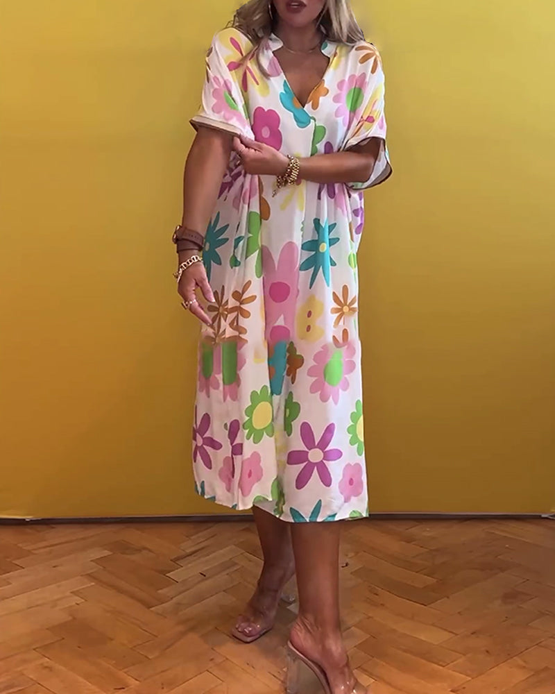 Loose V-neck floral print dress