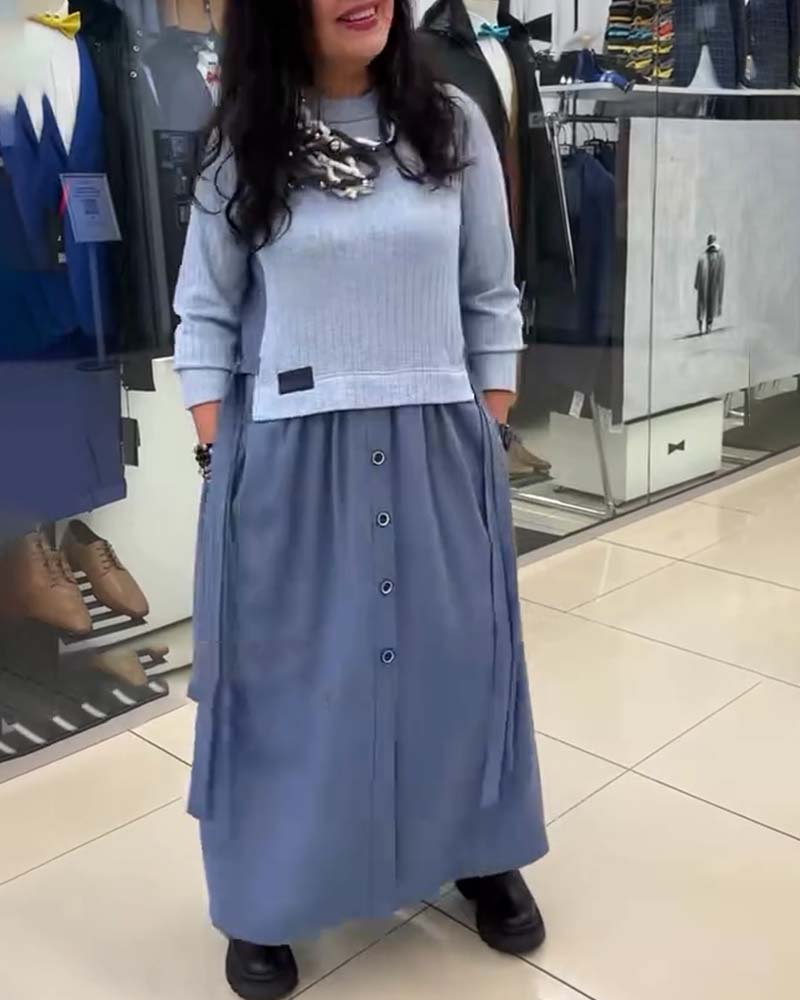 Casual Color-Blocked Round Neck Dress