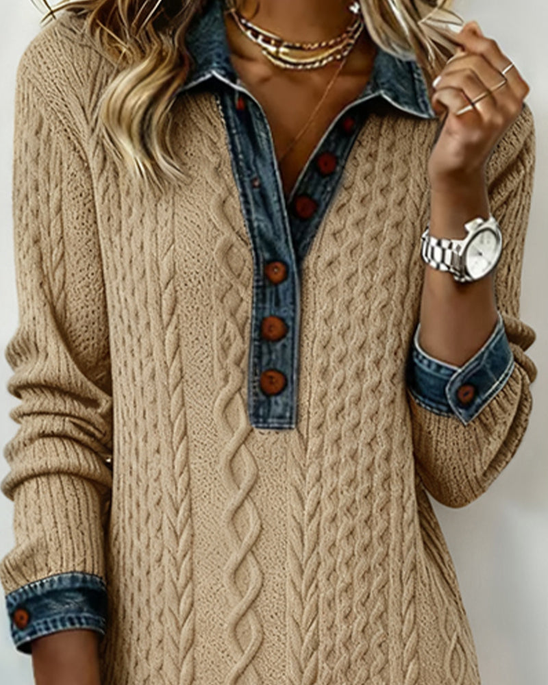 Denim cable knit patchwork collared dress