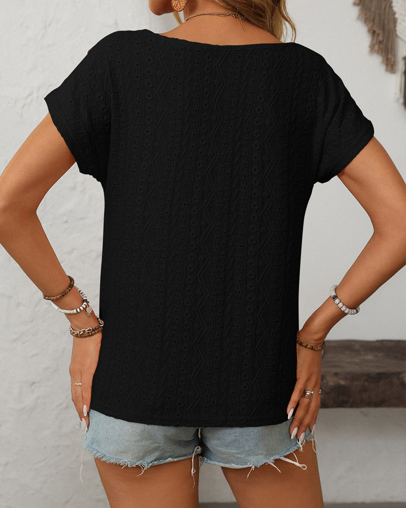 Round Neck Button Cutout Short Sleeve Blouse