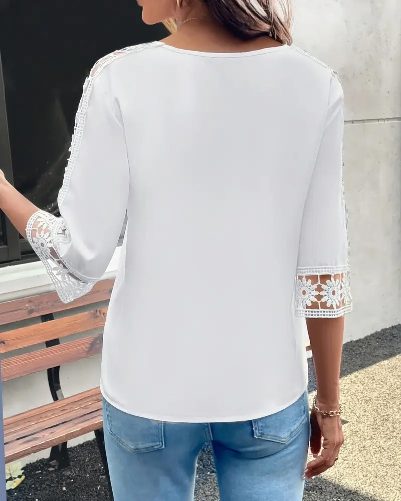 Solid Color Hollow Hook Patchwork T-Shirt