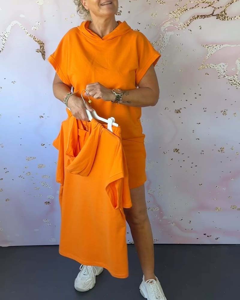 Loose solid color hooded short-sleeve set