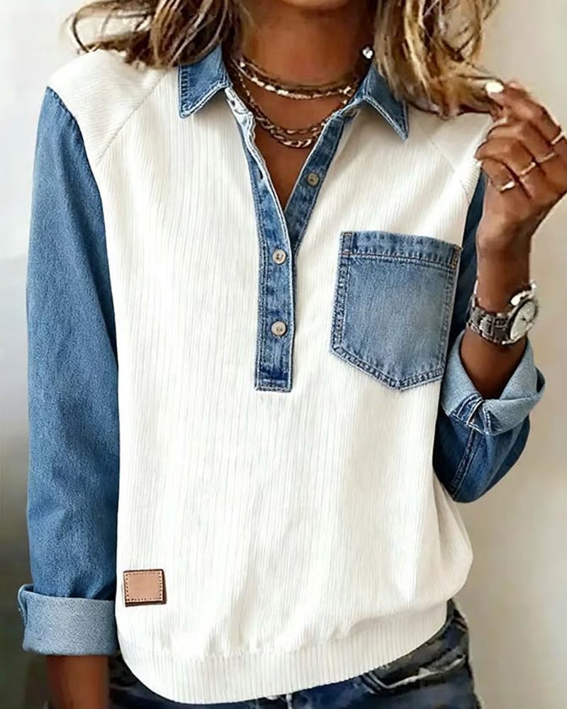 Button Lapel Color Block Spliced Sweatshirt