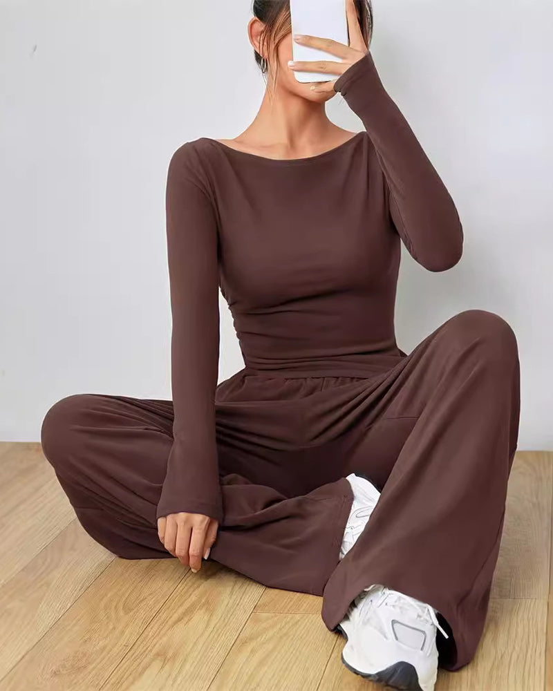 Two-piece set - solid color top and wide-leg pants