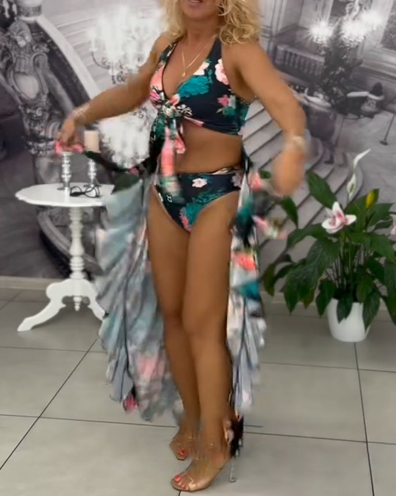 Sexy Printed Sun-Protective Three-Piece Swimsuit