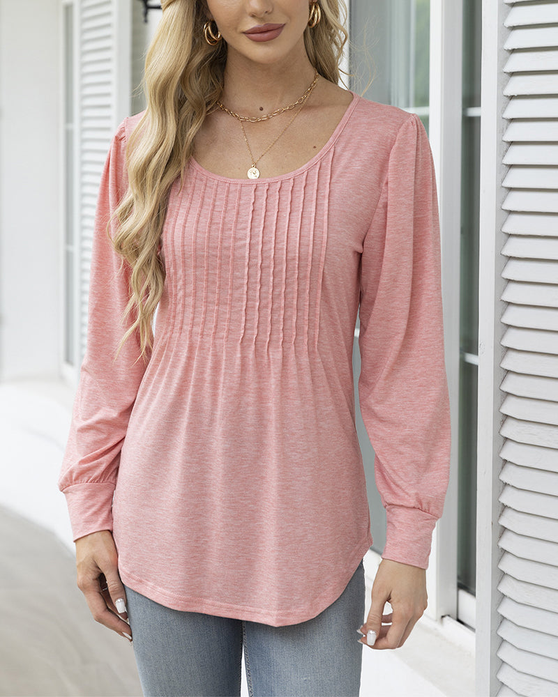 Casual solid color round neck pleated top