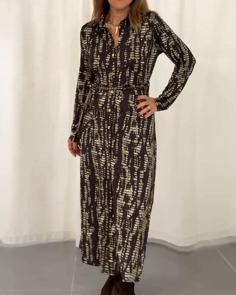 Lapel-Front Fitted Waist Printed Maxi Dress