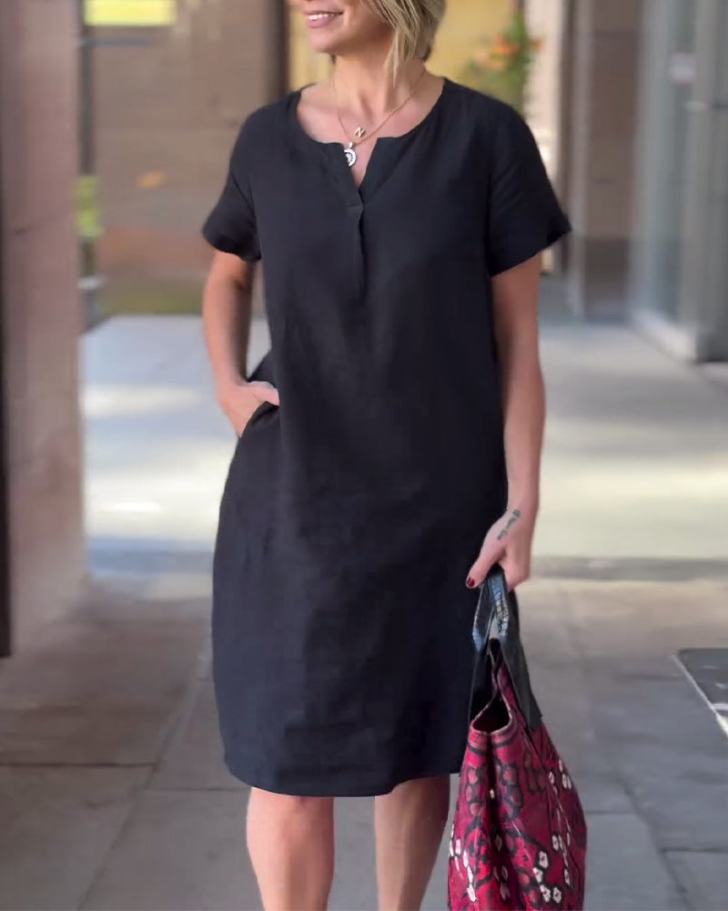 Solid color V-neck short-sleeve pocket dress